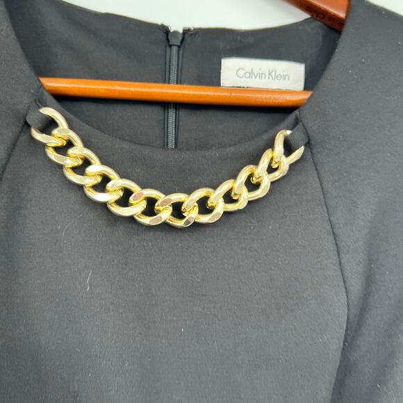 CALVIN KLEIN Solid Black embellished Gold Chain Trim Sheath Dress classic Size 4 - Picture 7 of 8